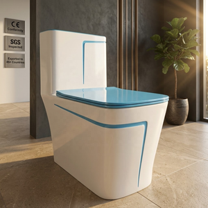 Inodoro Moderno de Una Pieza, Color Blanco con Línea Azul, Taza Redonda de Cerámica, Doble Descarga, Montaje en el Suelo - Product Image 3