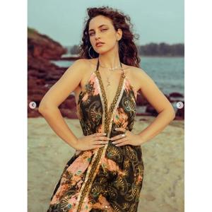 Vestido Halter Estampado Floral de Alta Calidad, Estilo Envolvente de Gasa hasta la Rodilla, con Lazo, Estilo Vacacional, Vestido de Verano para Mujer al por Mayor - Product Image 2