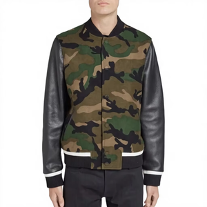 Blouson universitaire homme uni style urbain hiver, manches en laine/polyester, col montant, laine épaisse, coupe droite, décontracté, boutons en corne - Product Image 2