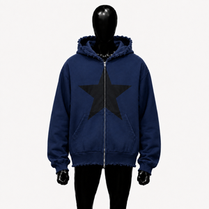 Sweat à capuche oversize bleu marine avec imprimé étoiles noires, bords déchirés, style streetwear unisexe, fermeture éclair intégrale - Product Image 1