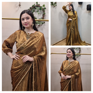 Sari en soie dorée fluide, prêt à porter en une minute, pré-cousu, avec chemisier cousu | Tenues élégantes pour femmes pour les fêtes et les mariages - Product Image 4