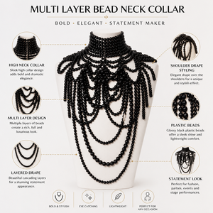 Collier de luxe multicouche en perles de plastique noires, drapé d'épaule, bijou de corps élégant et tendance pour femme, idéal pour les soirées. - Product Image 6