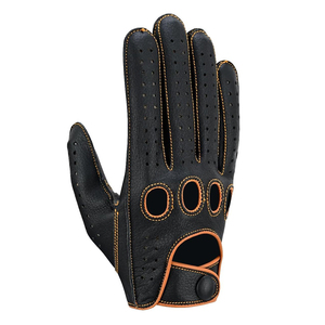 Leather Motorbike <b>Driving</b> <b>Gloves</b> Black With Orange Stitching Breathable Sporty Style Wrist Length For Outdoor Use - Product Image 4