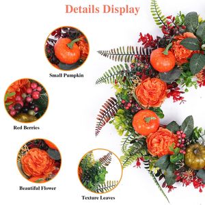 Couronne d'automne de 17,71 pouces avec feuilles mélangées, citrouilles, baies et fleurs pour décoration intérieure et extérieure, Halloween, fenêtre, mur, porte d'entrée - Product Image 3