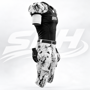 Uniforme de football américain personnalisé noir et blanc pour hommes, maillot à col en V imprimé effet éclaboussures avec pantalon de jeu rembourré, équipe de gridiron personnalisée - Product Image 4