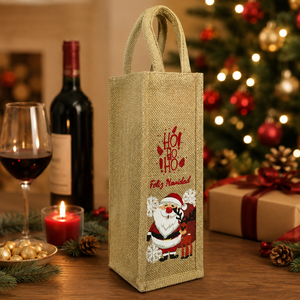 Sac cadeau en jute naturel PP avec lurex doré pour bouteille de vin, 12x33x12 cm, multicolore, impression Feliz Navidad, logo personnalisé, vente en gros pour usage commercial - Product Image 5