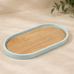 Minimalist Wooden <b>Storage</b> Tray Oval Shape Light Blue Rim Natural Wood Top Indoor <b>Tabletop</b> Kitchen Decor Multi Functional - Product Image 4