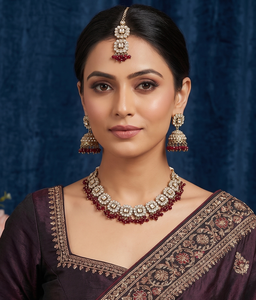 Geometric Square Shape Motif Crystal Beaded Fringe Necklace <b>Set</b> Wth Jhumka & Tika Festive Wear Antique Gold Plated <b>Jewellery</b> <b>Set</b> - Product Image 4
