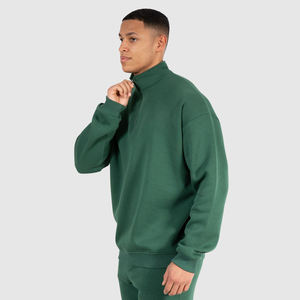 High Quality Dark Green Men's Half Zipper Sweatshirts Street Style Fleece Fabric <b>Thermal</b> Knitted Plain Dyed Technique Hoodies - Product Image 3