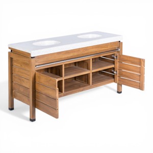 Meuble-lavabo double moderne en teck massif avec comptoir en terrazzo, style meuble-lavabo sur pied pour hôtel de luxe - Product Image 3