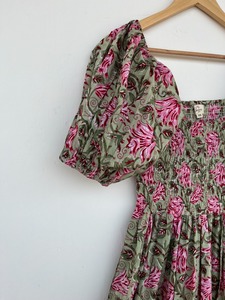 Women Green Pink Floral Print Maxi <b>Dress</b> Smocked Bodice Short Sleeve <b>Boho</b> <b>Summer</b> <b>Dress</b> 100% Cotton Ladies Casual Wear - Product Image 3