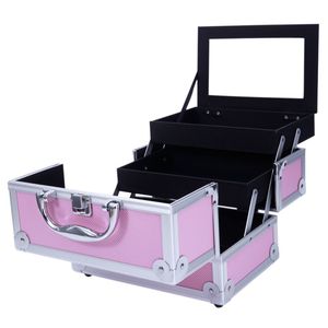 Portatile per il trucco in alluminio rosa con doppia apertura superiore con manico a specchio professionale di bellezza organizzatore cosmetico - Product Image 5