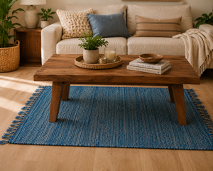 Tapete Tejido a Mano, Abstracto, Geométrico, Azul, Rectangular, de Fibra Vegetal, Estilo Bohemio, Decoración Interior, con Flecos - Product Image 2