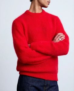 Pull en molleton tricoté à capuche oversize rouge pour homme avec poche, style décontracté, anti-boulochage, color block, coupe classique, idéal pour l'hiver - Product Image 1