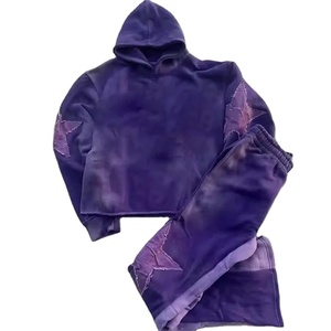 Sudadera con capucha corta y pantalones de chándal de algodón 100% personalizados al por mayor, con lavado ácido, transpirables, de secado rápido, efecto descolorido por el sol y bordado. - Product Image 2