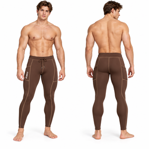 Pantalones de compresión para hombre con cordón en la cintura, de longitud completa, capa base para gimnasio, con costuras en contraste, leggings de yoga con cordón en la cintura - Product Image 2