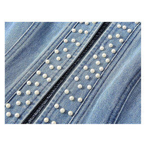 Collarless Rivet Detailed Short <b>Denim</b> <b>Coat</b> with Stylish Pockets Elegant Women's Pearl Embellished <b>Denim</b> Jacket Long Sleeve - Product Image 4