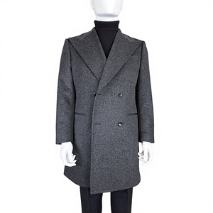 <b>Men's</b> Grey Woolen Double Breasted Overcoat <b>Long</b> Thick Warm <b>Coat</b> with Lapel - Product Image 1
