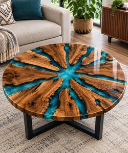 Table basse ronde en résine avec des dalles de bois à bords naturels, art de la résine époxy bleu turquoise, base en métal moderne faite à la main - Product Image 1