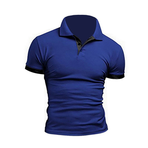 Polo noir pour homme à manches courtes, couleur unie, tricoté, style décontracté avec col et poignets bleus - Product Image 6