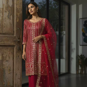 Conjunto de Salwar Kameez Rojo de Lujo con Bordado para Mujer, con Dupatta – Traje Étnico Tradicional Indio para Fiestas - Product Image 1