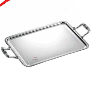 Bandeja de servicio de metal con acabado plateado de calidad estándar 2025 con mango de diseñador para restaurante de hotel - Product Image 1