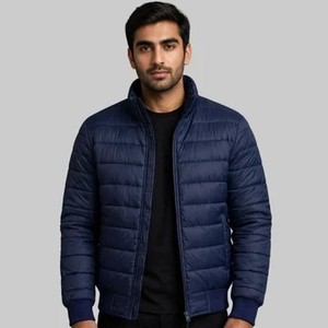 Chaqueta Acolchada Azul Marino para Hombre, Cuello Alto, Cierre de Cremallera, Resistente al Viento, Informal, de Invierno, Corte Regular, Color Sólido, Relleno de Poliéster - Product Image 1