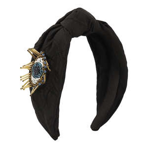 Serre-tête en tissu noir perlé avec nœud central, tendance, pour femme - Product Image 4