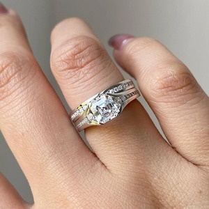 Lab Grown 2 Carat Asscher Cut Diamond Engagement Ring <b>Set</b> <b>Square</b> Solitaire Ring with Half Eternity Band Bridal Wedding <b>Set</b> - Product Image 1