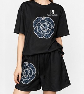 Ensemble de t-shirts pour femmes en spandex rose ample et respirant, manches courtes, col rond, imprimé, tricoté, tenue décontractée d'été - Product Image 6