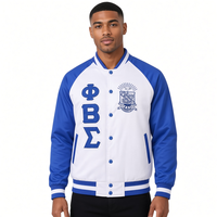 Blouson Bomber Homme Phi Beta Sigma Blanc Bleu Royal, Lettres Brodéées, Boutons Pression, Manches Longues, Côtelé