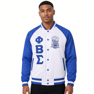 Phi Beta Sigma <b>White</b> Royal Blue <b>Men</b> Greek Fraternity Bomber <b>Jacket</b> Embroidered Crest Letters Snap Button Long Sleeve Ribbed - Product Image 1