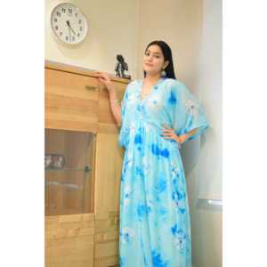ชุดเดรสคาฟทันสีฟ้าคอรัลลายมัดย้อม ระบายอากาศได้ดี ทรงหลวม ไซส์ XS สำหรับใส่พักผ่อน - Product Image 2