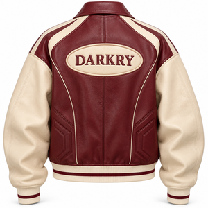 Blouson Bomber Vintage en Cuir de Mouton Véritable pour Femme, Col Relevé, Manches Contrastantes Crème et Bordeaux, Patch Ovale, Style Baseball - Product Image 2