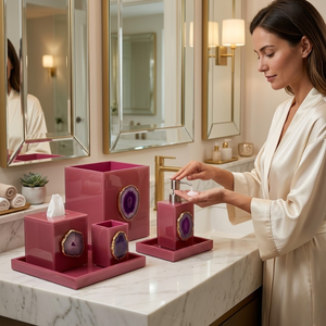 Premium Modern Pink Glass Bathroom <b>Set</b> 6 Pieces | <b>Soap</b> Dispenser, Toothbrush Holder, Tumbler & Tray | Luxury Rectangle Bathroom - Product Image 4