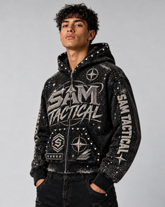 Sweat à capuche zippé oversize pour homme SAM TACTICAL, design imprimé streetwear, noir, polyester tricoté, vêtements d'automne, prix de gros - Product Image 4