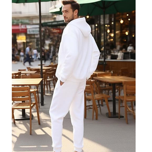 Ensemble de survêtement blanc à capuche pour homme, fermeture éclair intégrale, sweat-shirt et pantalon décontractés, couleur unie, coton, tenue d'automne, coupe classique - Product Image 6