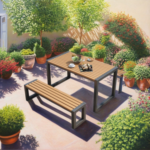 ชุดโต๊ะรับประทานอาหารกลางแจ้งทันสมัย พร้อมโต๊ะไม้ทนทานป้องกันสนิม โครงโลหะกันการกัดกร่อน เหมาะสำหรับใช้ในวิลล่าและโรงแรม - Product Image 1