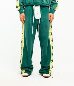 Green Wide Leg Fleece Pants With Yellow Star Side <b>Stripe</b> Drawstring Waist Casual Autumn Loose Fit Full Length Knitted Cotton - Product Image 3