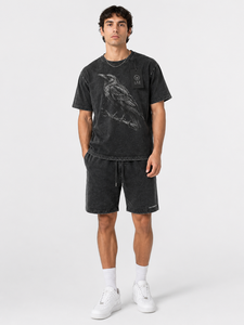 Conjunto de Camiseta y Pantalones Cortos para Hombre LAZ, Diseño de Cuervo Negro, Cuello Redondo, Estampado, Algodón, Estilo Casual de Verano, Lavado Ácido - Product Image 1