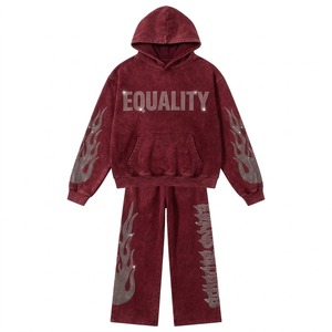 Ensemble de survêtement en tissu 100% coton délavé à l'acide, qualité supérieure, avec impression sérigraphiée de strass, coupe oversize à capuche, vente en gros OEM - Product Image 2
