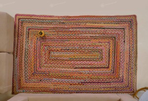 Tapis rectangulaire artisanal en jute patchwork, style bohème, à poils plats, écologique, pour salon, fabriqué en Inde - Product Image 1