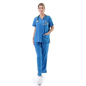 Women's Blue <b>Scrub</b> Set Short Sleeve V-Neck Top With Pockets Hospital Uniform Woven Cotton Polyester Blend - Product Image 5