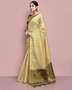 Sari en tissu KV Chanderi uni, design élégant, avec blouse non cousue, infroissable, séchage rapide, réversible, pour mariage - Product Image 4