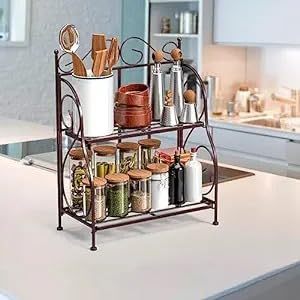 Étagère à épices en métal à 2 niveaux, organisateur de cuisine, support de rangement sur pied avec 4 bouteilles d'huile - Product Image 2