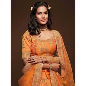 Superior naranja hilo bordado arte seda boda Lehenga Choli - Product Image 2