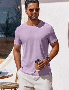 Camiseta de Manga Corta para Hombre, Color Lavanda Sólido, Cuello Redondo, Corte Ajustado, Informal, Transpirable, de Algodón Tejido - Product Image 3