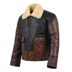 Chaqueta de Cuero Bicolor para Hombre con Cuello de Piel, Abrigo de Piel de Oveja Genuina Marrón y Negra Desgastada, Estilo Motero - Product Image 2