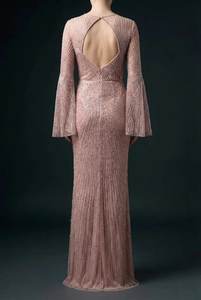 Vestido de Noche de Lujo con Cuentas Hechas a Mano para Mujer |   Vestido de Fiesta con Mangas Largas y Mangas de Campana |   Venta al por mayor de ropa nupcial y formal hecha a medida - Product Image 2