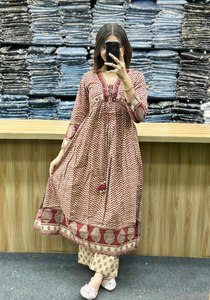 Conjunto de Kurta Anarkali de 3 Piezas para Mujer, Estampado Floral, Algodón Oxford, Cuello en V, Manga Tres Cuartos, Elástico, Ropa Formal para Fiesta - Product Image 2